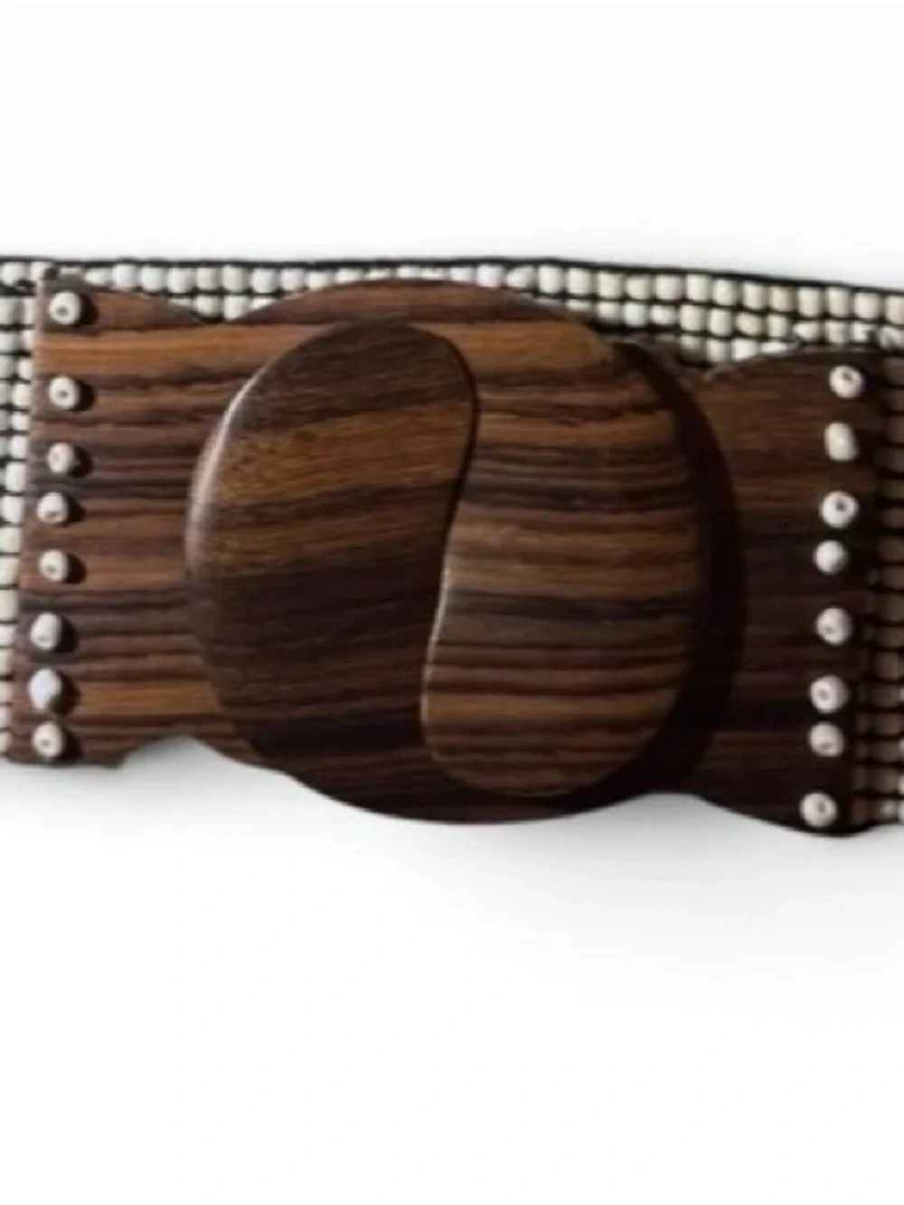 Anthropologie Wide Ivory Beaded Stretch Belt with Brown Wood Buckle